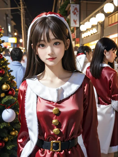 tre anatomically correct,Masterpiece of,High image quality,(Cute Santa Claus costumes:1.5),(The material of the costume is high quality silk...:1.4),20 years old, Japan Female, (Random posture:1.4),Christmas tree，Professional Lighting,((Japan hair)),((Natu...