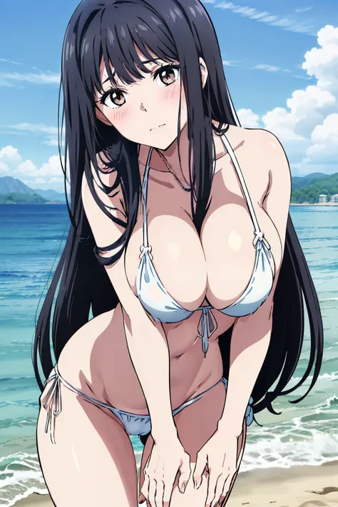 miyuki, 1girl in, cute, blush, (long black hair:1.5), 14years, (oversized large sagging breasts:1.5), cleavage, ((white micro bi...