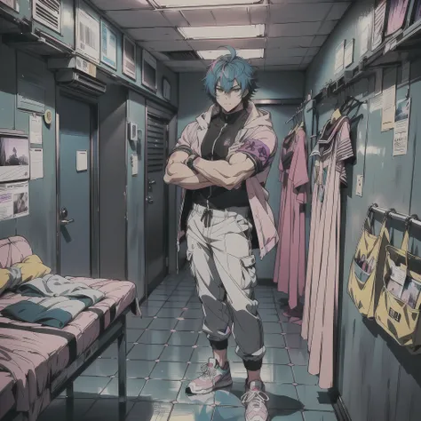 ((Muscular body, strong arms, strong legs, strong man, defined muscles, anime man)) (masterpiece:1.4), 1boy, Streetwear, leather jacket, cargo pants, street, (masterpiece, best quality, highres, ultra detailed ), night, depth of field, absurdreasterpiece:1...