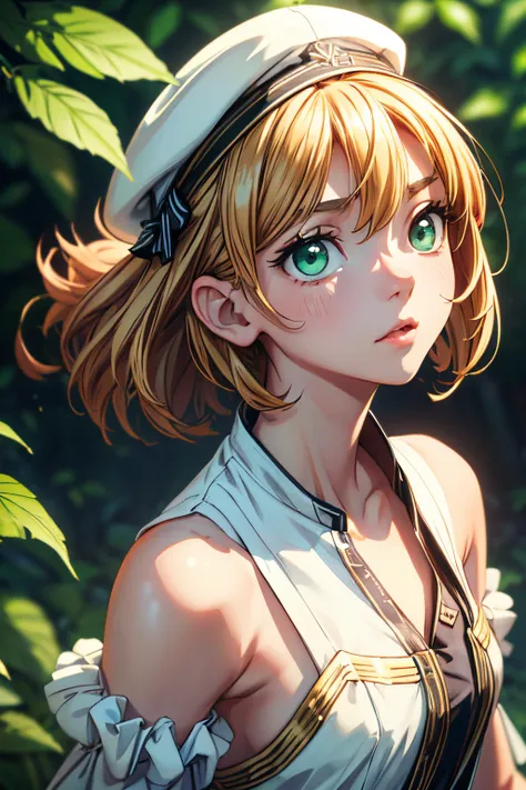 (One girl、Dressed in a dress and hat, girls frontline, Midsummer themed costumes, multilayered outfit,Dressed, Mid summer、Soio、Top image quality, Transverse conveying，Half-length picture，largeeyes，eye closeup，（with short golden hair），（Green eyes），hair scru...