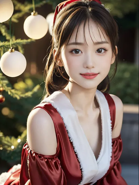 tre anatomically correct,Masterpiece of,High image quality,(Cute Santa Claus costumes:1.5),(The material of the costume is high quality silk......:1.4),20 years old, Japan Female, (Random posture:1.4),Christmas tree，Professional Lighting,((Japan hair)),((N...