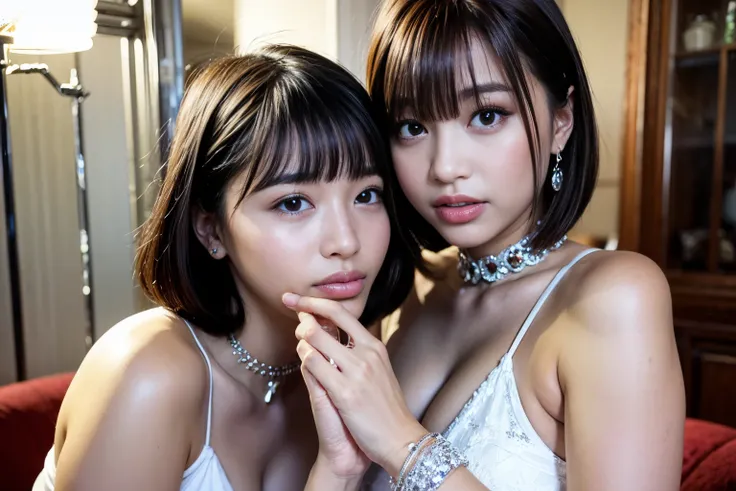 (A hyper-realistic),Best Quality, 超A high resolution,((two slim girls kissing)), (tongue kiss:1.2), ( French kiss:0.8),Bangs,Asian,Indoors,Detailed face,black thighhighs,Looking,Short hair,make up,Detailed black hair,detalied eyes, Detailed lips, ,Showing ...