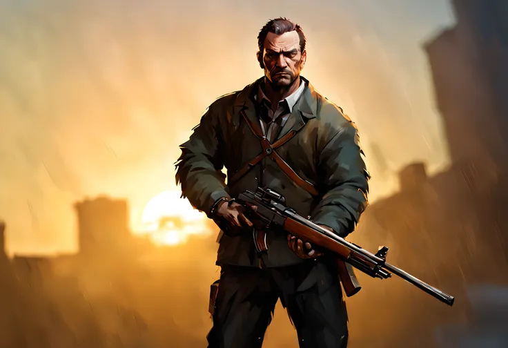 gta 5 style characters, gta 5, holding a shotgun, a man, gang, sunset scene, professional ominous concept art, by ashley wood, v...