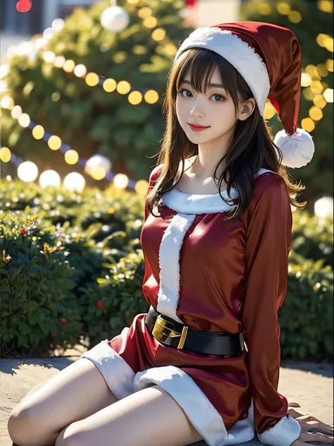 tre anatomically correct,Masterpiece of,High image quality,(Cute Santa Claus costumes:1.5),(The material of the costume is high quality silk.......:1.4),20 years old, Japan Female, (Random posture:1.4),Christmas tree，Professional Lighting,((Japan hair)),((...