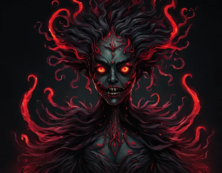 A ebony monster with red glowing markings and tendrils in a Aline dress which is flowy from shoulders forming a a the dress is jet black and covered in  crimson eyes and white fangs, in 2d illustration horror style