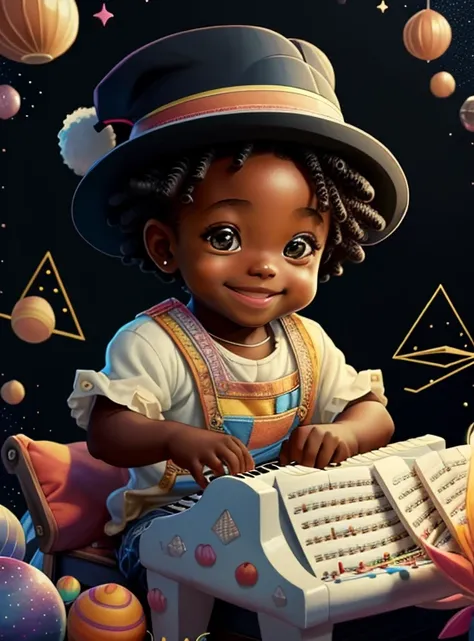 (cute black baby boy smiling playing a piano wearing a hat), Munchkin ,Geometric multidimensional wall portrait, livro de arte, Tchibi,
Yang08k, Beautiful, Colouring,
Obras, of the highest quality, best quality, Arte Oficial, Beautiful and Aesthetic,