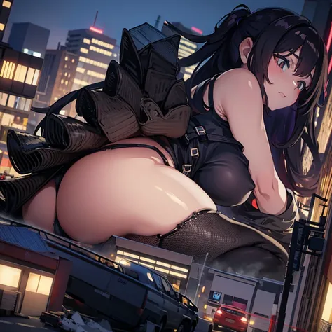 Giantess, huge giantess, giga giantess, black lingerie, city, crushing city, butt, butt crush, giantess on city, siting on city, destruction, giantess crushing city, destroyed