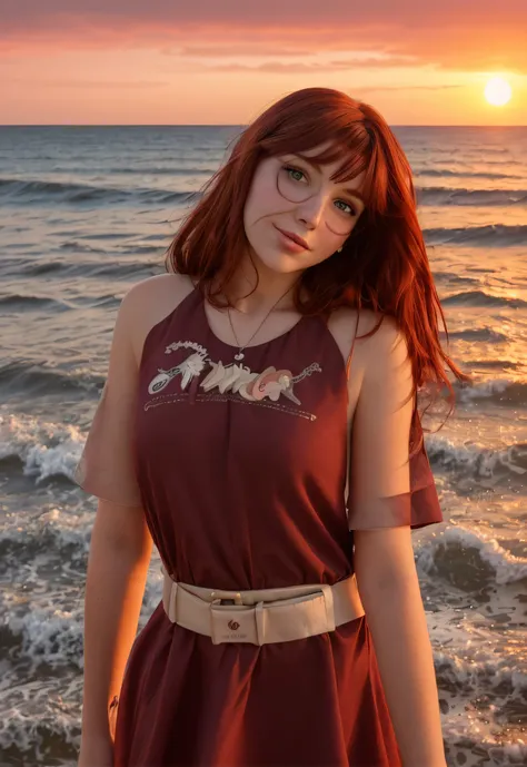 Cute girl with dark red hair in a dress. Against the background of the sea and a warm sunset