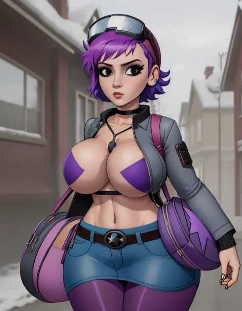 Ramona_Flowers, 1girl, short hair,black eyes, huge breasts, bare chest,
goggles on head, unzipped grey jacket, nothing underneath, shoulder bag, star(symbol), belt, denim skirt, purple pantyhose,
black choker, denim skirt, purple pantyhose,
boots, (massive...