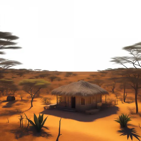 there is a small cabin in the middle of a desert, Megascans Quixel, Quixel Megascan |, Fractais africanos, grainy risograph matte painting, Fundo Bushveld, fundo savana, pintura fosca, Estepe africana, Feito em Maya e Photoshop, renderizado em maia, Savana...