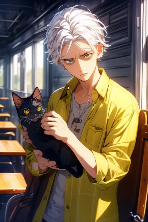 ((best quality)), ((masterpiece)), (detailed) young guy, white hair, very long scruffy hair, bluish grey eyes, ((yellow flannel)), flannel, sweatpants, cat-boy