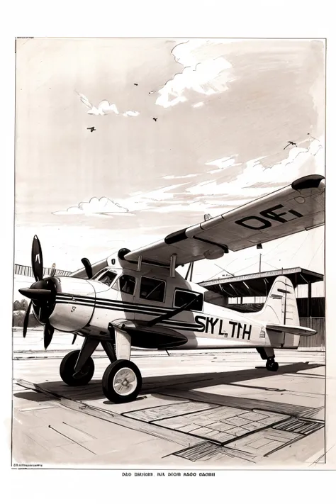 sketch type pencil on paer, architectural style of drawing, short sc7 skyvan airplane on white