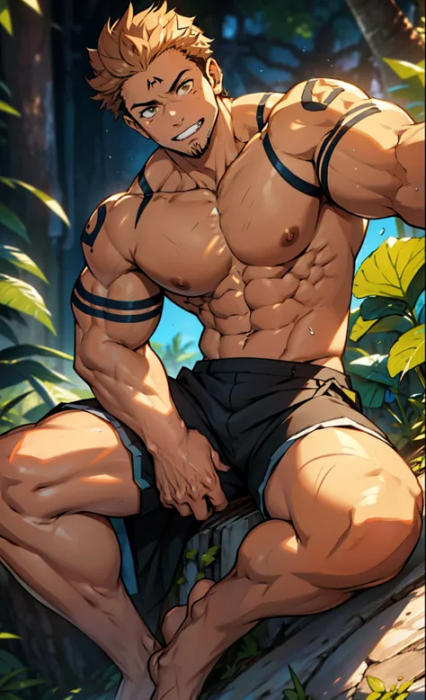 (canto da foto de baixo para cima) (imagem da mais alta qualidade) Lion man ,real, jovem, foco masculino, vestindo shorts, imagem de anime, sitting on ground, pernas bem abertas, sexy face, rosto atraente, cabelo subcortado, huge muscle muscles of the ches...