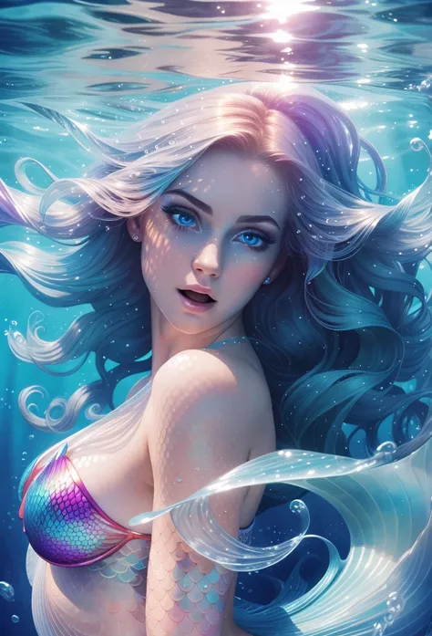 (masterpiece), best quality, ultra-detailed, an extremely beautiful mermaid with glowing and iridescent scales, close up shot, dynamic pose and expression, deep and magical ocean atmosphere, (oceanic hair+blue eyes), (underwater lighting+wavy water), water...