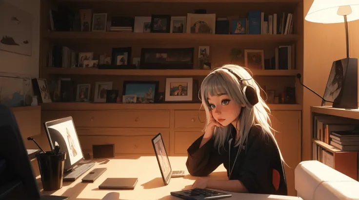 master part, 4K Ultra HD, foco nítido, Realistic; hololive&#39;s style girl Gura Gawr in a stylized jumpsuit, apenas parte superior, Close, mantenha o rosto da Gawr Gura, mais realista, sitting on a gaming chair while playing on the computer and in the bac...