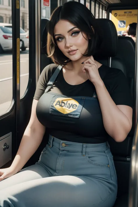 lucy pinder, smiling, chubby woman, ((VERY INTENSE MAKEUP)), black hair, short hair, Adele, braces, black t-shirt, yellow apron, blue jeans, sitting on the bus