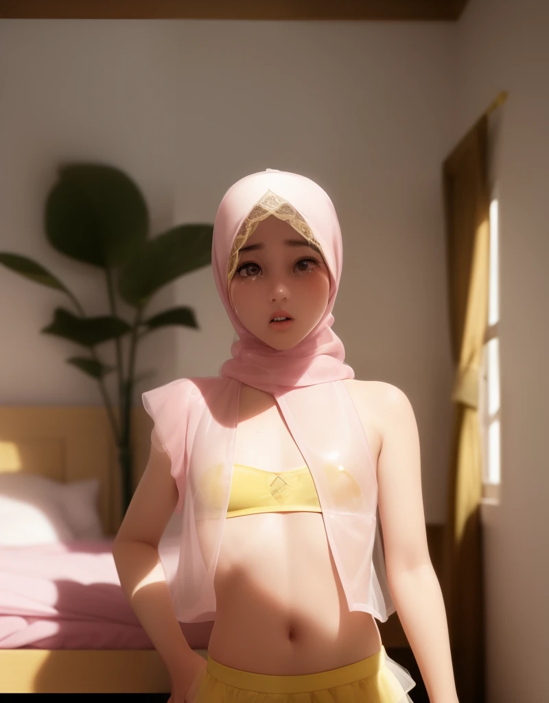 (((HIJAB MALAY GIRL))), top-quality、masterpiece、Surreal、((childs room))、((Stuffed animals are on display.))、transparent Gymnastic suit、japanes、Pupils、tiny girl、The appearance of the child、Height 140cm、hchool girl、small body of a child、streaks、Thin leg、repo...