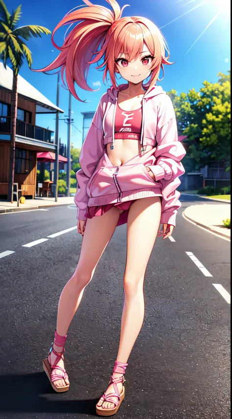 girl, young, light skin, pink hair, emo hairstyle, long ponytail, anime style, flat chest, small breasts, red eyes, yellow hoodie jacket, open clothes, pink bikini, flip flops, beach, clear sky, high quality, detailed body, detailed eyes, detailed face, ma...