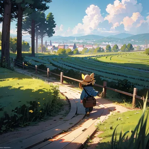 Forest, Terraces, Clouds, Wide Angle, Pioneer, Dirt Road, Traveling Merchant, Back, Go Forward, Wooden Cane, Ray Tracing, Comics, 3D Rendering, Cartoon, Cute Style, Sunny, Outdoor, Detailed, 4K, HD, High Quality