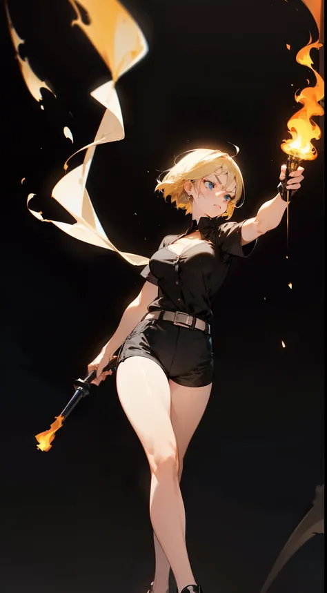 1girl,20s,(mature female),short hair, blonde hair,blue eyes, ((serious face)),medium breasts,cleavage,black shirt,black shorts,short sleeves,walking,(((black background)),looking away,holding a fire torch