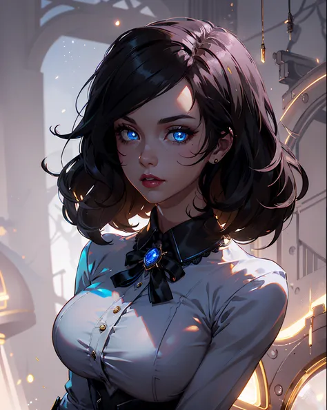 (Detailed Lights, Detailed Shadows), 1Woman, black Hair, (Elizabeth), Bioshock infinite, , White blouse, ((Detailed Eyes)), upper body Portrait, (Black Eyetremely Detailed Clotheodern Clotheeautiful Hair, Muscular, glowing blue eyes, puffy lips, large brea...