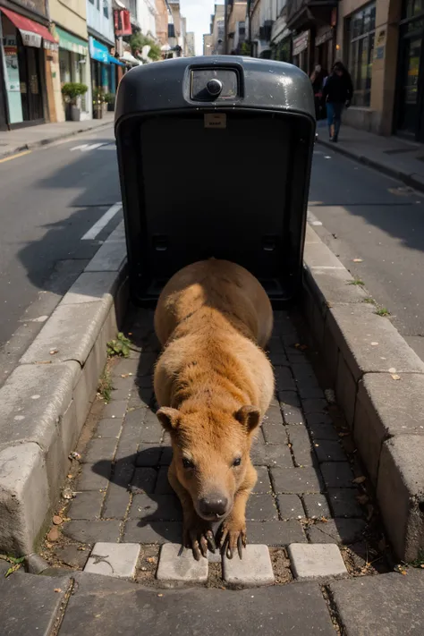 Create an image of a CAPYBARA trapped in a street manhole, this image should be HD quality and should be a pitying image