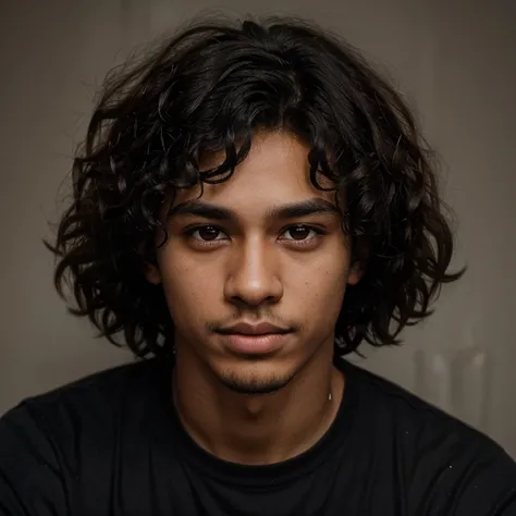 16 year old curly boy, goatee, dark skin, black, dark brown eyes, medium hair with fade, very curly hair, voluminous at the top