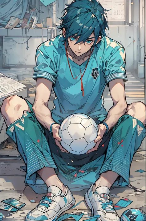 a close-up of a man sitting on the floor with a ball, an epic anime of tuff luck, artbook oficial, sangue azul, luz azul, ciborgue azul, Capa azul, brilho azul, ((azul)), azul , estilo anime", blue head, blue steel, bleach, mechnical, olhos azuis, olho azu...