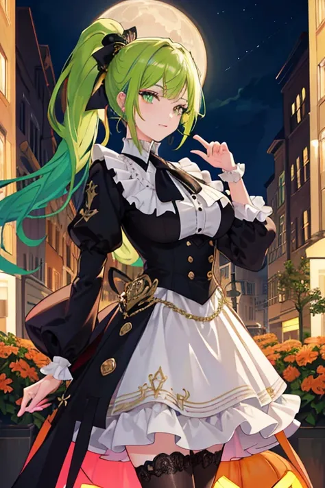 （（tmasterpiece：1.4，Best quality））++，（hyper-detailing）+，（Best quality，hyper-detailing，vibrant with colors，rich colourful，dynamic angle，hight contrast：1.2），A teenage girl，Height about 162cm，Green hair，pumpkin colored eyes，European dreslack long lace glovelac...