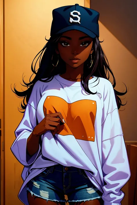 Dark skin young woman in an oversized fuzzy fitted shirt