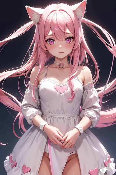 striated hair,Pink twin-tailed hair,   Mole under the eyes, mole under mouth, Heart-shaped pupil, longeyelashes, Pink eyes, Heart-shaped choker、full body Esbian、gazing at viewer、Shy, blush, tusk, ear blush, nose blush,Anime style, Color Field Painting, Ray...