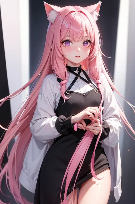 striated hair,Pink twin-tailed hair,   Mole under the eyes, mole under mouth, Heart-shaped pupil, longeyelashes, Pink eyes, Heart-shaped choker、full body Esbian、gazing at viewer、Shy, blush, tusk, ear blush, nose blush,Anime style, Color Field Painting, Ray...