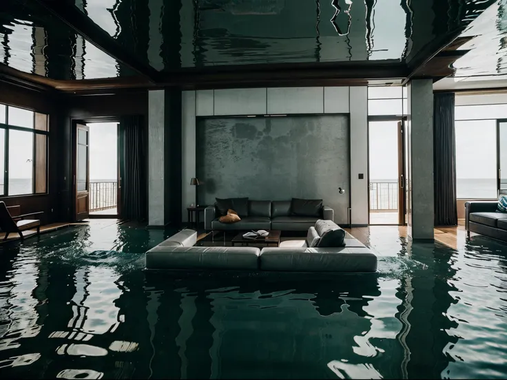 A living room that appears to be floating on water, fhd, photorealistic, beauty