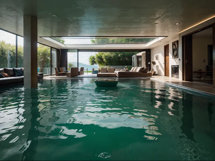 A living room that appears to be floating on water, fhd, photorealistic, beauty