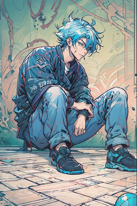 a close-up of a man sitting on the floor with a ball, an epic anime of tuff luck, artbook oficial, sangue azul, luz azul, ciborgue azul, Capa azul, brilho azul, ((azul)), azul , estilo anime", blue head, blue steel, bleach, mechnical, olhos azuis, olho azu...