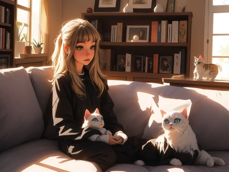 master part, 4K Ultra HD, foco nítido, Realistic, super detalhado, a Gura Gawr style girl in a stylized black and red jumpsuit, apenas parte superior, fechar, Mantenha o rosto do Gawr Gura, mais realista, sitting on a sofa with a kitten and a bookshelf in ...