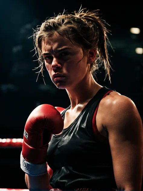 (realistic:1.2), 1girl, 18-year-old girl boxer in a boxing arena, intense fighting pose, looking down at someone with her head down, just before the game started, angry, (boxing gloves), low key, high-res, professional lighting, cold light