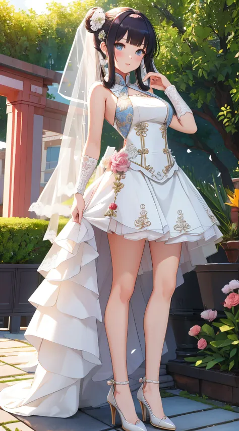 (best quality), 1 girl, ultra-detailed, illustration, yang guifei, garden, (wedding dress:1.2), high heels, standing, (own skirt...