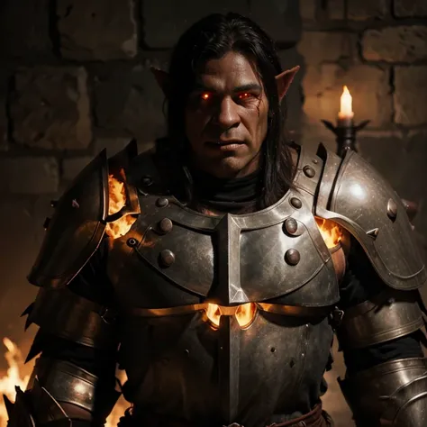 a male orc paladin wearing a full set of armor with flames coming out of the armor