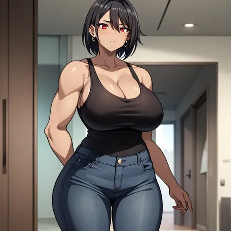 Tomboy, black skin, huge breasts, extremely short hair, black hair, red eyes, 2 meters tall, muscular, white tank top, jeans, earrings, Extremely muscular, Huge woman