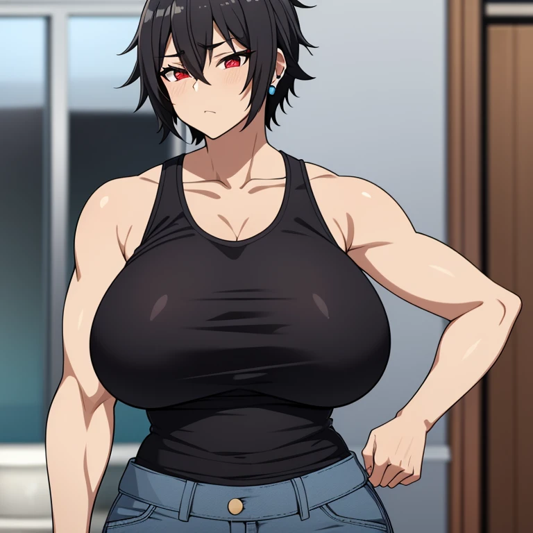 Tomboy, black skin, huge breasts, extremely short hair, black hair, red eyes, 2 meters tall, muscular, white tank top, jeans, earrings, Extremely muscular, Huge woman