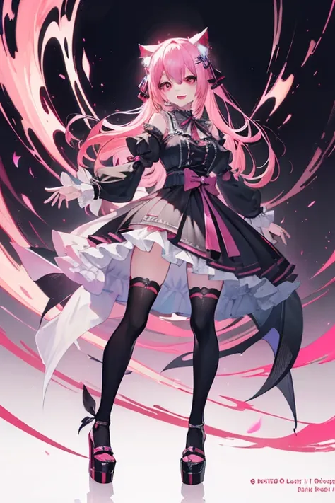 (masutepiece, Best Quality, High resolution: 1.2), 1 girl, Solo, single character full body, full body concept, Have pink eyes,,Gothic lolita, Pink hair, Cat ears，thunder，Style ArtGerm, Full Body Detail 4K，Devilish smile with wide open mouth，And its detail...