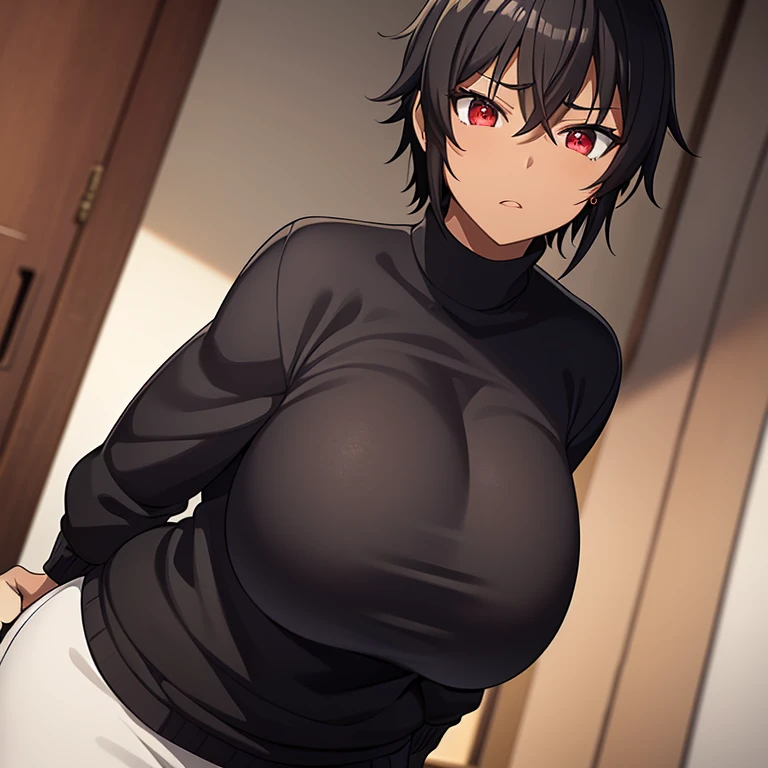 Tomboy, black skin, huge breasts, extremely short hair, black hair, red eyes, 2 meters tall, muscular, Sweatshirt, earrings, Extremely muscular, Huge woman, black skin