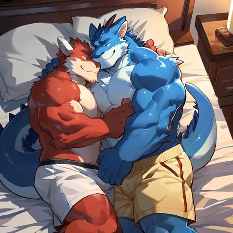 Two dragons, male, anthro, muscular, muscular anthro, on bed, only wearing boxers, cuddling with each other, closed eyes, red body and blue bodyby bogexboog,by zixiong,by milkytiger1145, by takemoto arashi, hi res,)