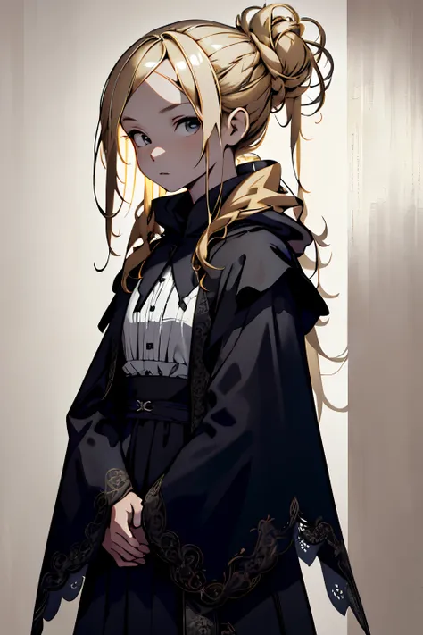 ((Wallpaper 8K)), ((Ultrarealistic)), ((Detailed workest Quality:1.2)), 1girl in, cloaks, Black Dress, Capelet, Blonde hair, up looking, Widespread poverty, updo hair, Long hair, White skin