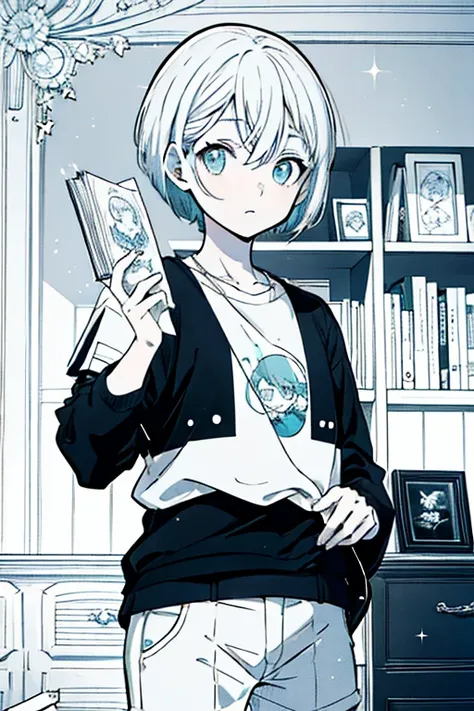 menino, 20 y.Or, White short hair, casual wear, b/W color palette, Pupil, blue eyes, before school, Best Quality, Ray Tracing, corners, stylized as a luxury book,manga cover, manga