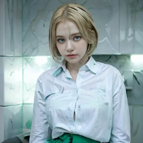 1girl, blond hair, short hair, blue eyes, white shirt, green tie, green skirt, city, rain, detailed background