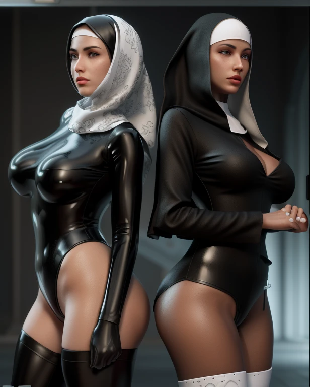 two women in black and white are dressed in latex, Bem Modelo de Moda, Bem Enxoval, two hovering twin nuns, levitating twin nuns, agora, DAZ3D, DAZ 3D, DAZ 3D, black-white skintight robes!, corpo perfeito fotorrealista, 3 d  realista, DAZ3D genesis iray sh...