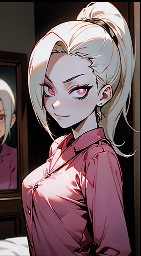 4k ultra high resolution image, young ino yamanaka possessed by middle aged man, glowing red eyes, evil smirk, lolicon, small br...