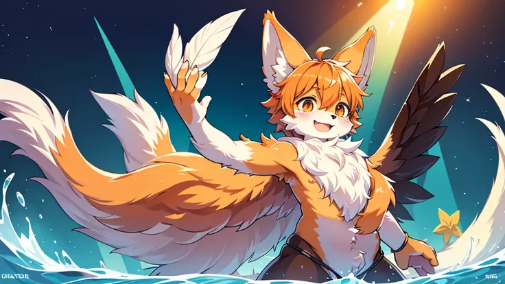 Fluffy furry, the feathers on his body are orange and on his stomach they are white, with a dominant black line on his stomach, while smiling facing the audience and waving his hands, background in water park, expression is excited,